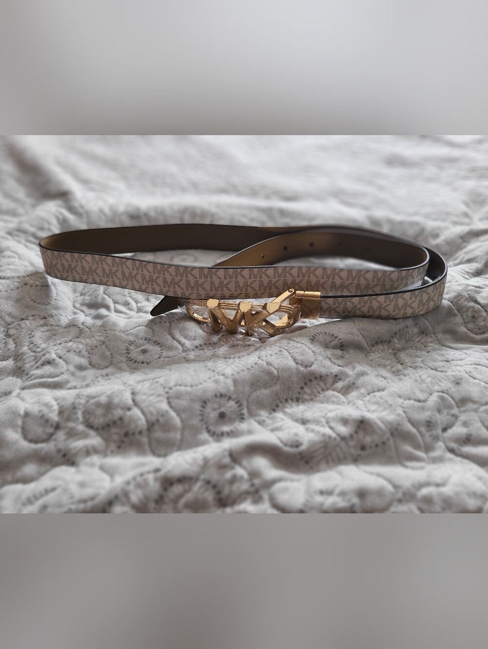 Michael Kors Beige Logo Belt with Gold MK Interlock Buckle